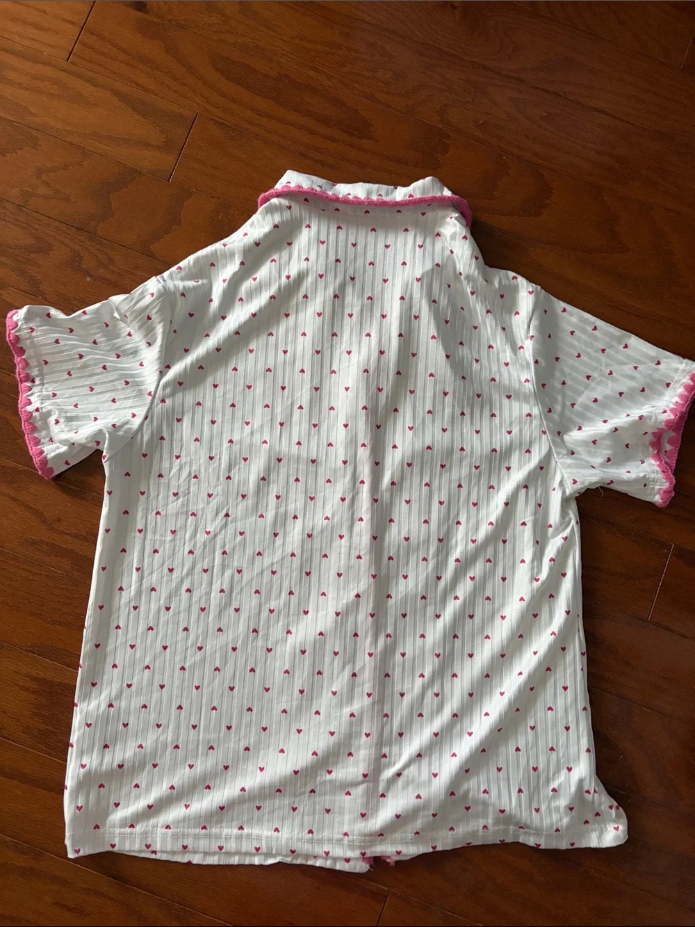 SHEIN White Short Sleeve Heart-Print Pajama Set with Pink Trim